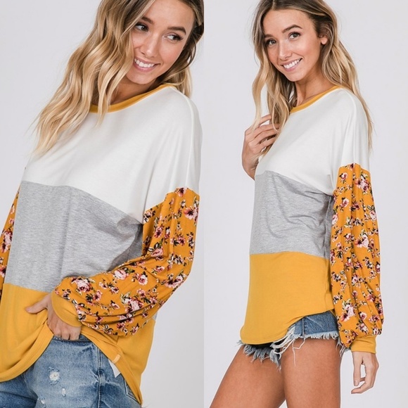 Colorblock floral balloon puff sleeve tunic - Picture 3 of 8